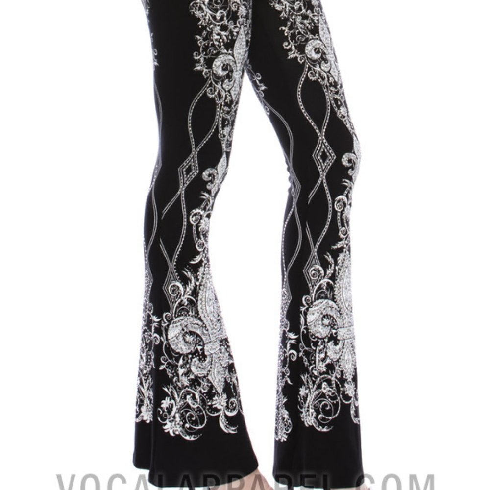 VOCAL PANTS leggings bell bottom flare fleur de lis bling SM-4X concert Rocker - Picture 2 of 6